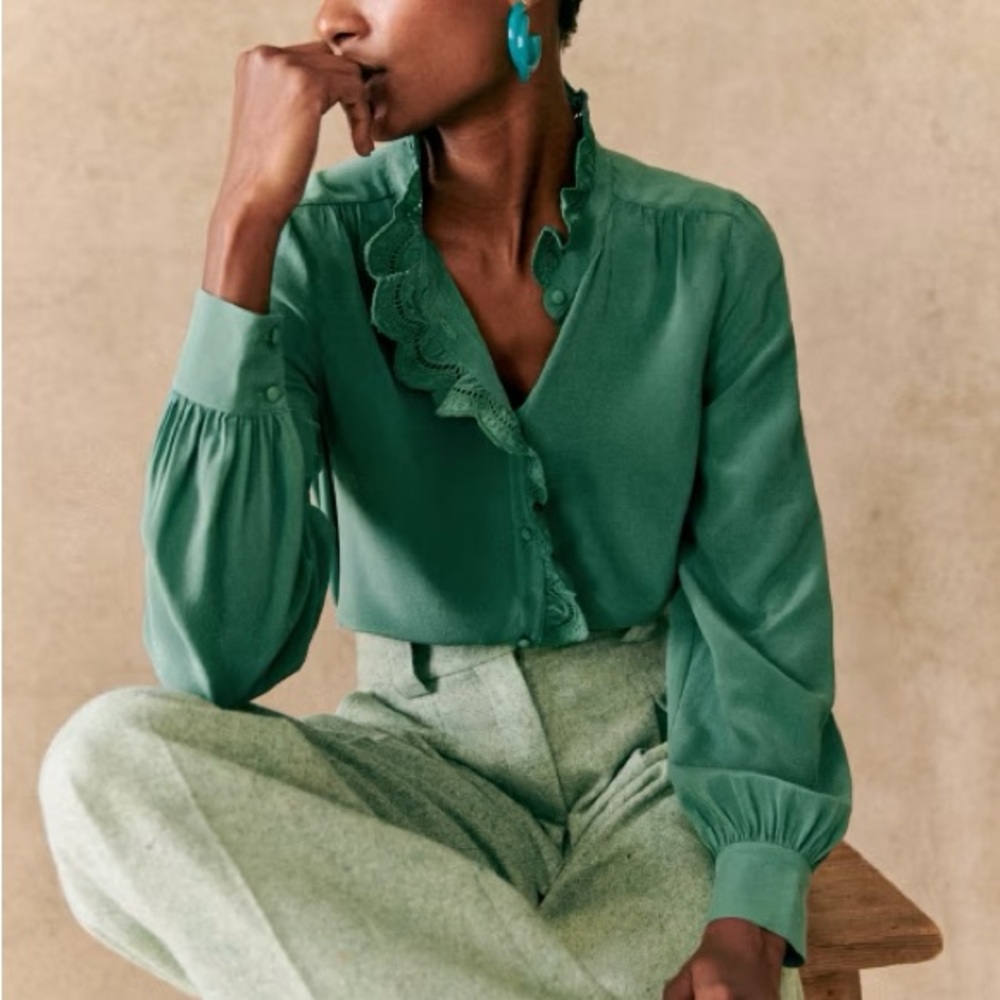 Sezane Chlo Chloe Blouse Sage Green Teal Size French 34